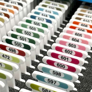 WHITE 3mm acrylic bobbins with printed number and colour swatch for DMC (x528 bobbins only - NO cabinet or floss included) *new size*
