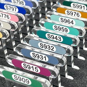 CLEAR 3mm acrylic bobbins for DMC Satin threads with printed number and swatch (x60 bobbins)