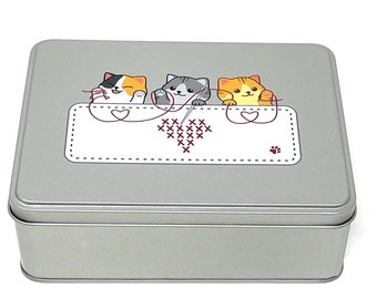 Cat WIP bobbin storage tin with foam insert to hold 30 bobbins for cross stitch / embroidery projects