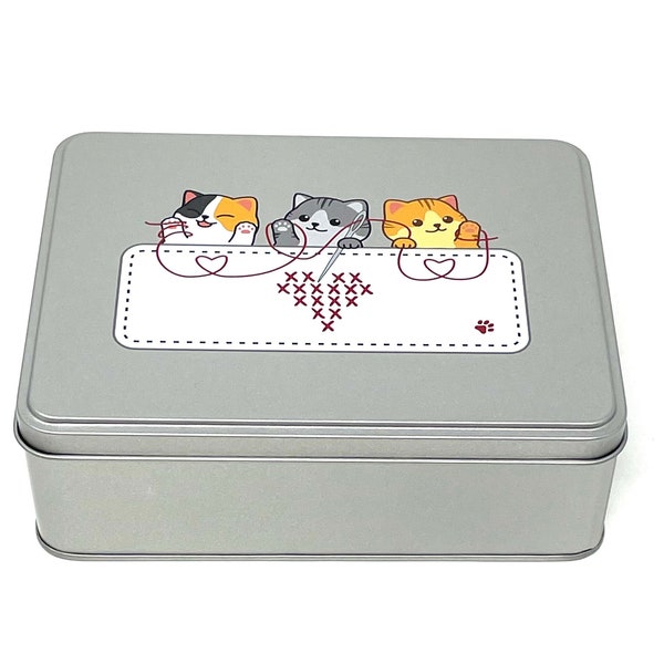 Cat WIP bobbin storage tin with foam insert to hold 30 bobbins for cross stitch / embroidery projects