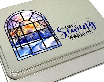 Cosy Sewing Season Tin with foam insert | Holds x30 bobbins