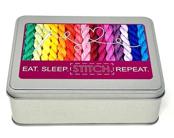 Eat. Sleep. Stitch. Repeat WIP bobbin storage tin with foam insert to hold 30 bobbins for cross stitch / embroidery projects