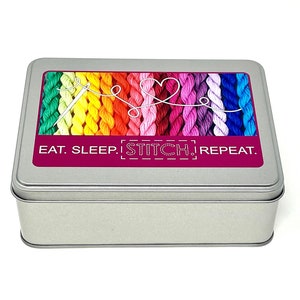 Eat. Sleep. Stitch. Repeat WIP bobbin storage tin with foam insert to hold 30 bobbins for cross stitch / embroidery projects
