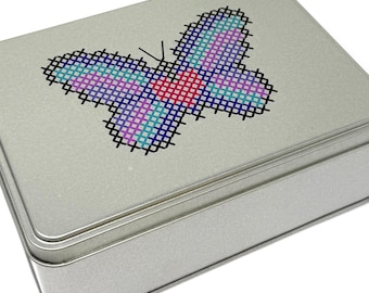 Cross Stitch Butterfly Tin with foam insert | Holds x30 bobbins