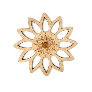 May include: A wooden sunflower-shaped yarn bowl with 12 slots for holding yarn. The bowl is made of light wood and has a sunflower design in the center with numbers 1 through 12 around the edge.