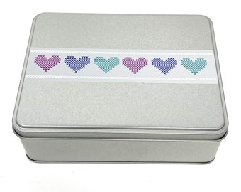 Cross Stitch Heart WIP bobbin storage tin with foam insert to hold 30 bobbins for cross stitch / embroidery projects