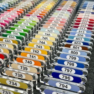 CLEAR 3mm acrylic bobbins with printed number and colour swatch for DMC - small sets (84 bobbins only - no floss included)