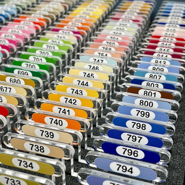 CLEAR 3mm acrylic bobbins with printed number and colour swatch for DMC - small sets (84 bobbins only - no floss included)