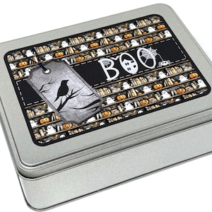 BOO Halloween WIP bobbin storage tin with foam insert to hold 30 bobbins for cross stitch / embroidery projects