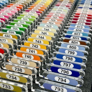 CLEAR 3mm acrylic bobbins with printed number and colour swatch for DMC (x528 bobbins only - NO floss or cabinet included)