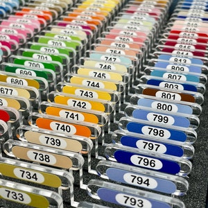 CLEAR 3mm acrylic bobbins with printed number and colour swatch for DMC (x529 bobbins only - NO floss or cabinet included)