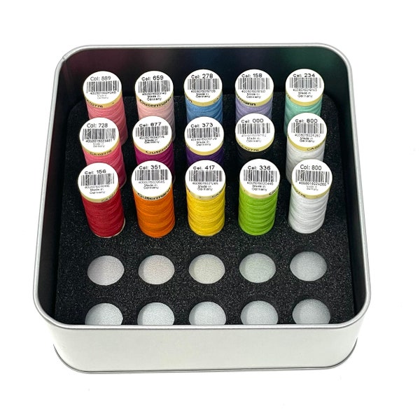 Gutermann storage tin with foam insert to hold 25 spools (not included)