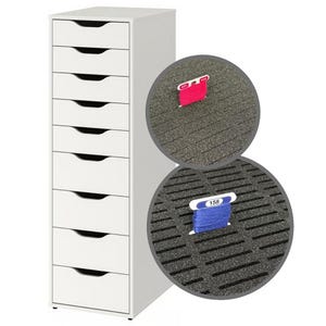 May include: A white, tall, narrow storage cabinet with eight drawers. Two close-up circular views show spools of embroidery thread. One spool is pink, the other is blue with the number 158 on the label. The thread is set in a dark grey foam organiser.