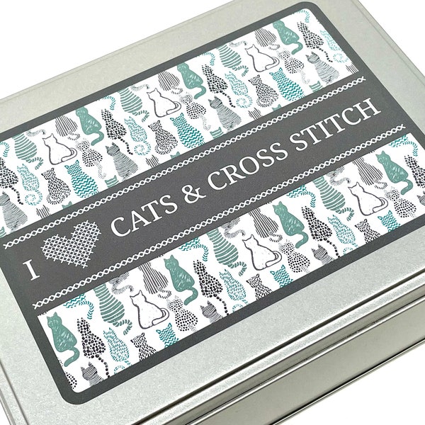 Cat WIP bobbin storage tin with foam insert to hold 30 bobbins for cross stitch / embroidery projects