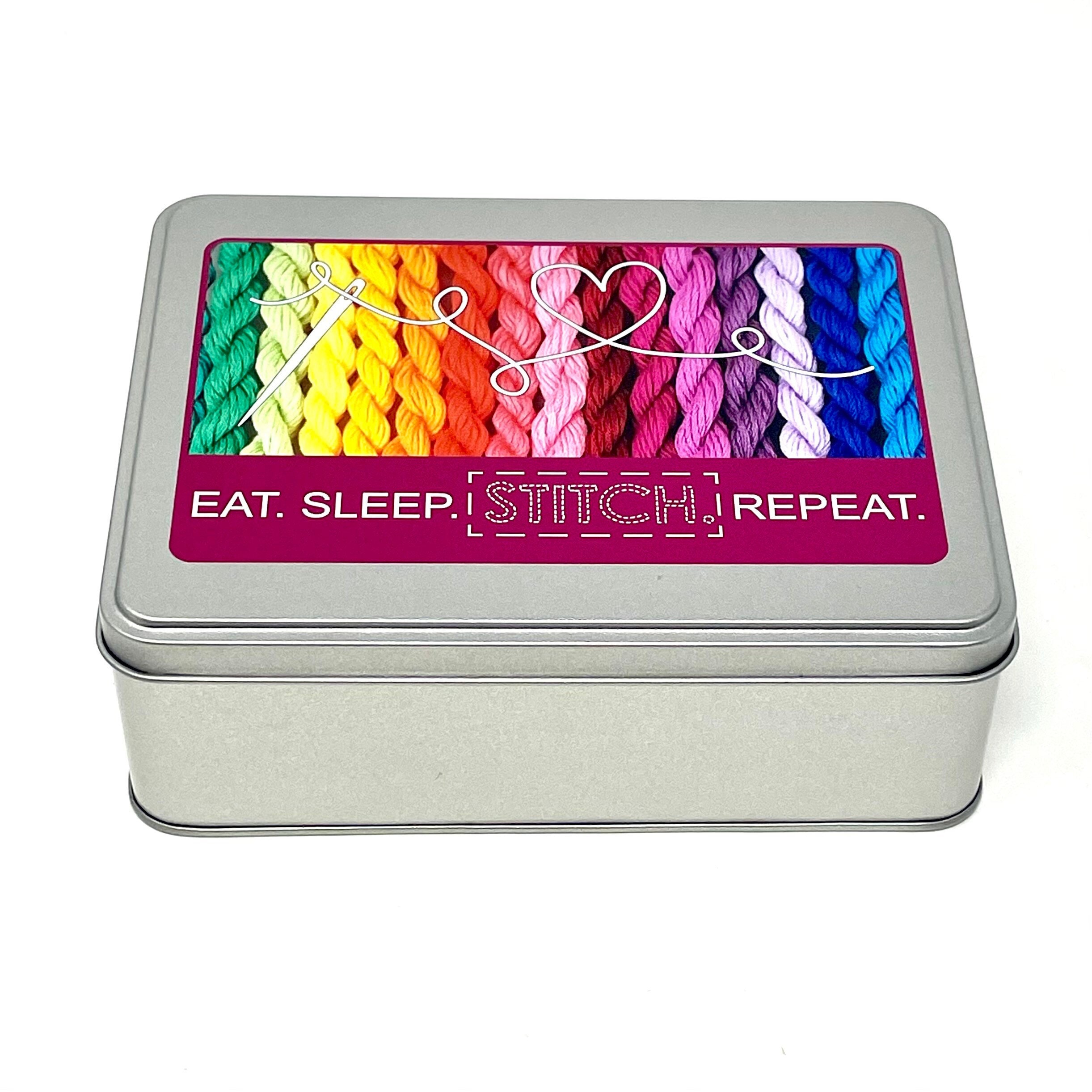 Eat. Sleep. Stitch. Repeat WIP bobbin storage tin with foam insert to hold 30 bobbins for cross stitch / embroidery projects