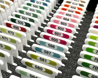 3mm acrylic bobbins with printed number and colour swatch for DMC - small sets (84 bobbins only - no floss included)