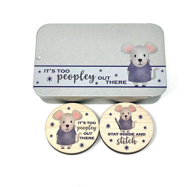 Reversible 'Too Peopley" needle minder magnet with tin - Cross stitch / embroidery gift