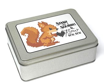 Cross Stitch Squirrel Tin with foam insert | Holds x30 bobbins
