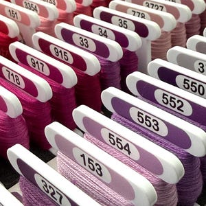 NEW White 3mm Printed Bobbins | 500 Printed bobbins with DMC number and colour swatch