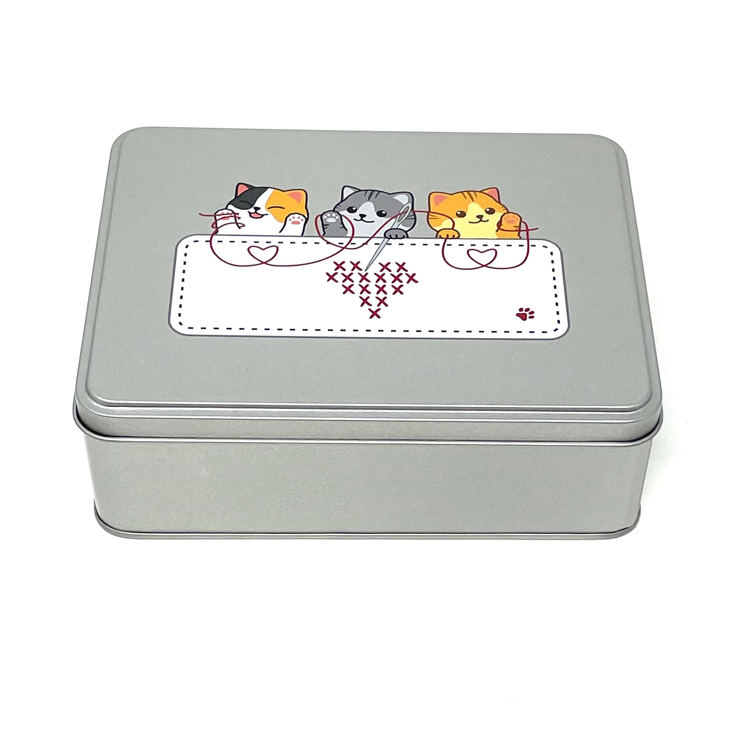 Cat WIP bobbin storage tin with foam insert to hold 30 bobbins for cross stitch / embroidery projects