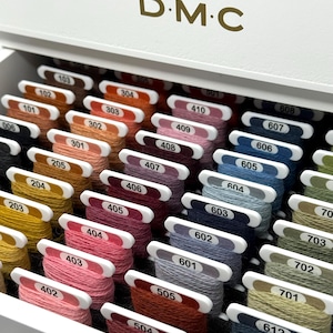 Pode incluir: Uma caixa branca cheia de fios de bordar DMC coloridos. Os fios são organizados por cor e número, com tons de rosa, azul, verde e castanho. O logotipo da DMC é visível na caixa.
