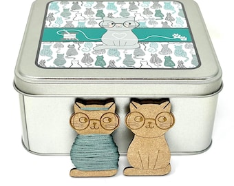 Nerdy cat tin with 20x wooden bobbins for cross stitch and embroidery projects