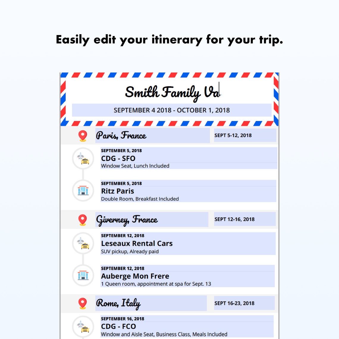 Printable Editable Travel Itinerary Vacation Trip Planner