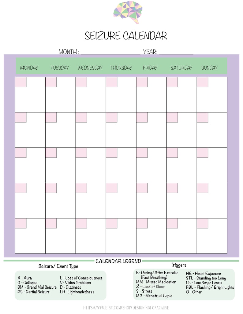 Seizure Tracking Kit Seizure Diary Medical Printables Etsy