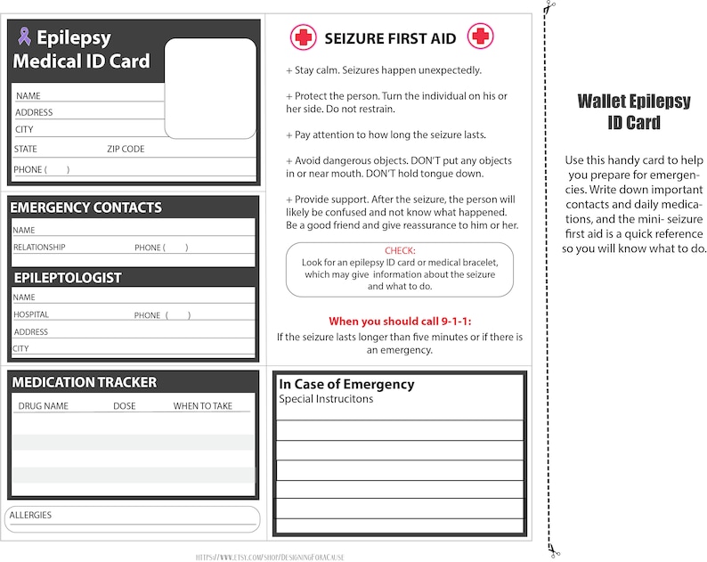 Epilepsy Medical Alert ID Card, Pocket Wallet ID, School Form Printable