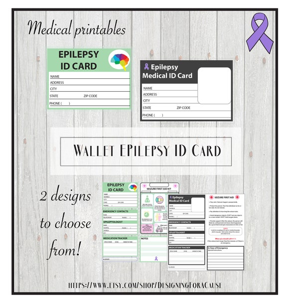 Epilepsy Medical Alert ID Card, Pocket Wallet ID, School form- Printable, kid-friendly