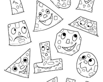 Funny Shape faces colouring pages, maths PNG digital colouring maths worksheet, Maths Poster, Shape coloring, PNG shapes worksheet preschool