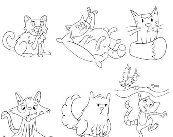 Digital printable coloring pages, Cat Clipart, Cute cat to color, Clip Art Set, Clipart coloring, animal clipart, PNG, digital colouring