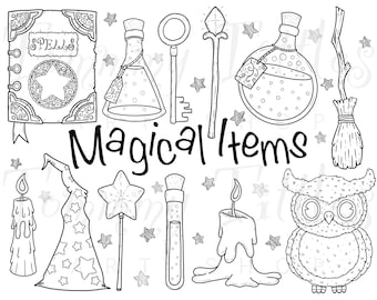 Printable Clipart colourin, Magical items, Clip Art Set, Clipart coloring, Clip Art stickers, digital stickers, digital coloring, Halloween