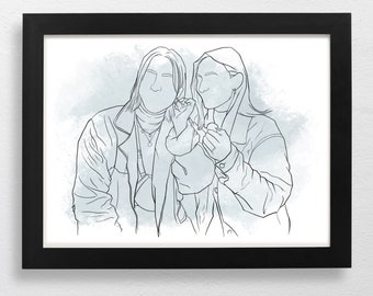 Custom Family Line Drawing – Made from Photo, Personalized Portrait, Xmas Gift, Friends & Family Keepsake Artwork