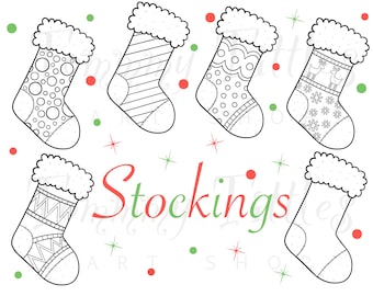Christmas Coloring Pages – Stockings & Patterns, Cute Holiday Clip Art, Printable Digital Download
