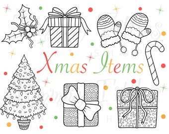 Christmas Clip Art Bundle Trees, Presents, Candy Canes, Ornaments Xmas Cards, Holiday Printables, Coloring Sheets, Xmas Holiday DIY Crafts