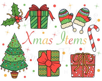 Christmas clip art, christmas tree, Presents, Candy Cane, Xmas ornaments Xmas Cards, Christmas Printables Commercial Use, Instant Download