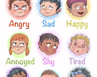 Emotion Print  Whimsical Digital Hand-Drawn Children's Poster, Feelings Chart for Kids Educational Wall Art Print, Learning Nursery Decor