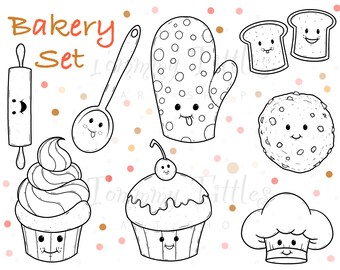 Baking Clipart, Cupcake clipart, COMMERCIAL USE, Food Clip Art, clipart, bread, rolling pin, Kawaii cute clipart. Kawaii art.