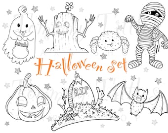 Halloween Clipart, Spooky Illustration Set, Cute Clipart, Pumpkin Clipart, Colouring, Printable Stickers, October kawaii, October art