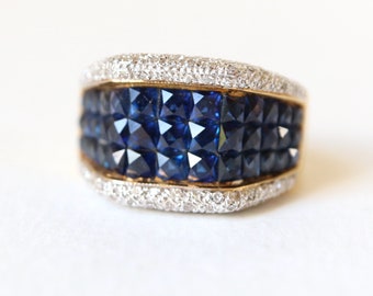 Ring in yellow gold 18 kt calibrated sapphires and diamonds