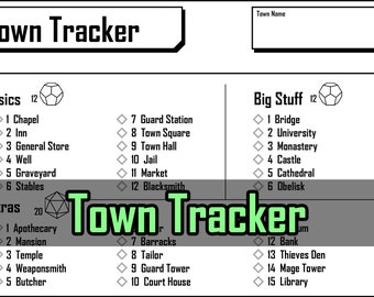 May include: A black and white printable town tracker game sheet with a green title "Town Tracker". The sheet is divided into three sections: Basics, Big Stuff, and Extras. Each section has a list of items with numbers next to them. The sheet is designed for role-playing games.
