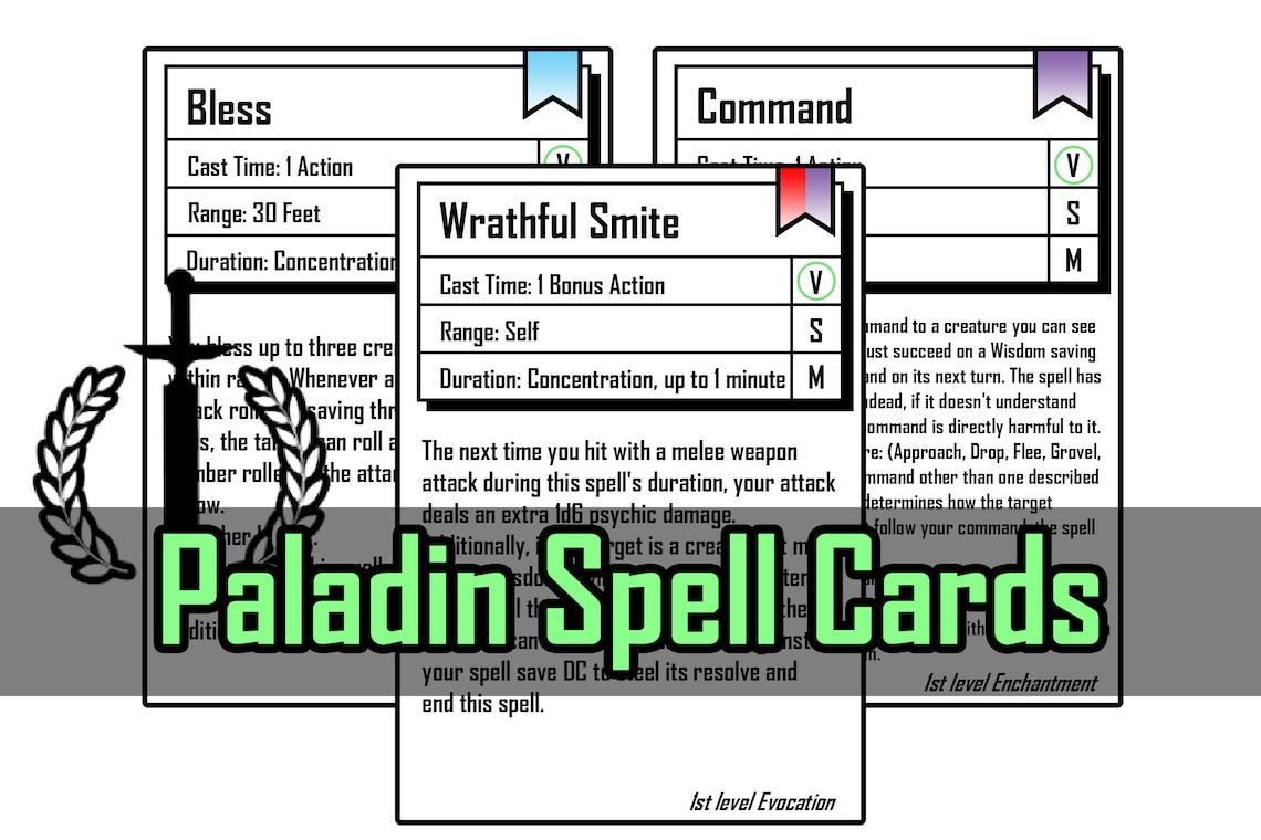 Dnd 5e Paladin Spell Cards Levels 0, 1 Etsy