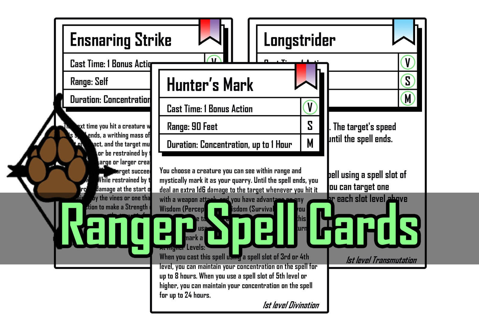Dnd 5e Ranger Spell Cards Levels 0, 1 Etsy