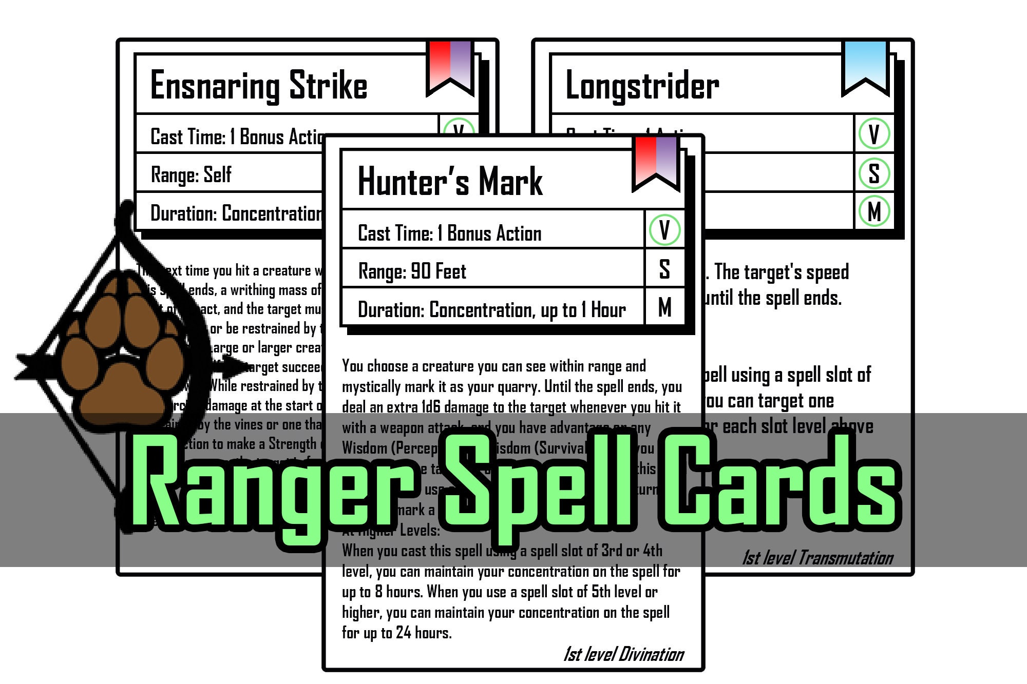 Dnd 5e Ranger Spell Cards Levels 0 1 - Etsy