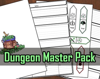 May include: A printable Dungeon Master Pack for tabletop role-playing games. The pack includes character sheets, a story planner, and class icons for Barbarian, Paladin, Druid, and Rogue.