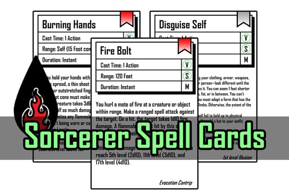 Dnd 5e Sorcerer Spell Cards Levels 0 1 | Etsy