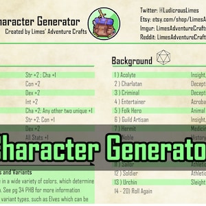 Puede incluir: Una tabla de generación de personajes verde y blanca con un icono de dado y un icono de mochila. La tabla enumera diferentes razas y antecedentes para un juego de rol, junto con sus habilidades y destrezas asociadas. El texto "Character Generator" está en letras grandes y negritas.