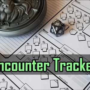 May include: A black and white encounter tracker sheet with a black pen and dice. The sheet has spaces for monster stats, challenge rating, attack, and hit points. The text "Encounter Tracker" is printed in green.