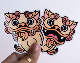 Yellow Okinawa Shisa Dog Vinyl Stickers - 2 PACK